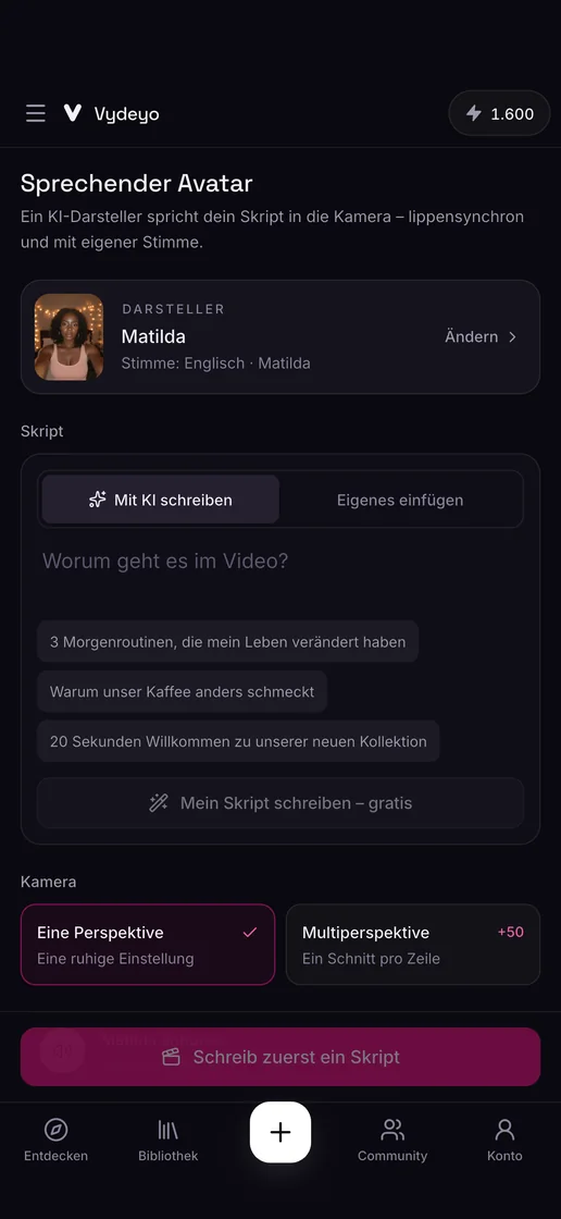 Ein KI-Darsteller spricht ein Skript in der Vydeyo-App