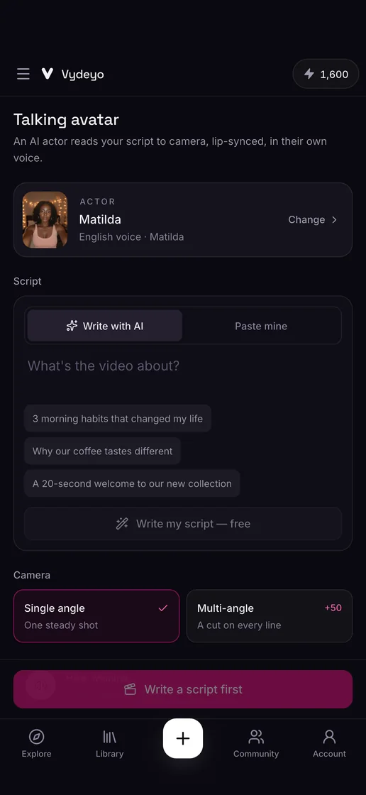 An AI actor saying a script in the Vydeyo app