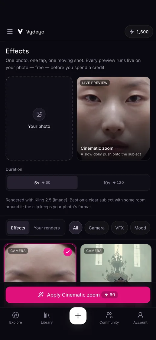 One-tap video effects in the Vydeyo app