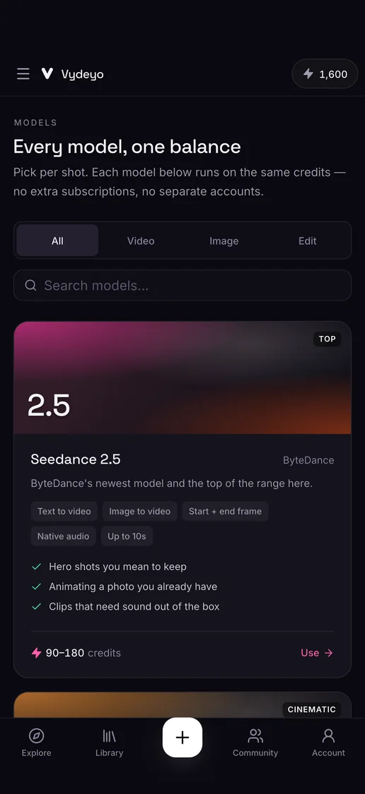 Every AI model in one place in the Vydeyo app
