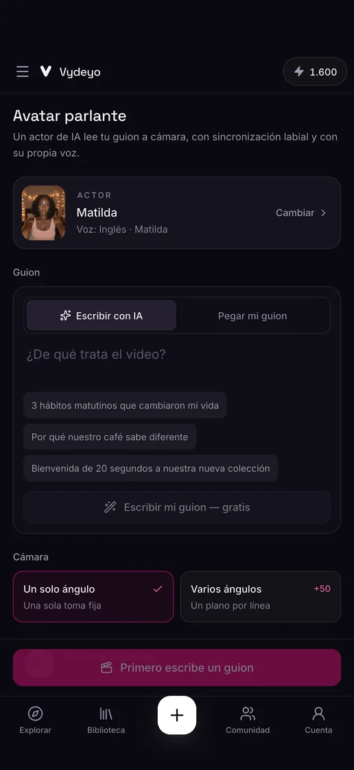 Un actor de IA diciendo un guion en la app Vydeyo