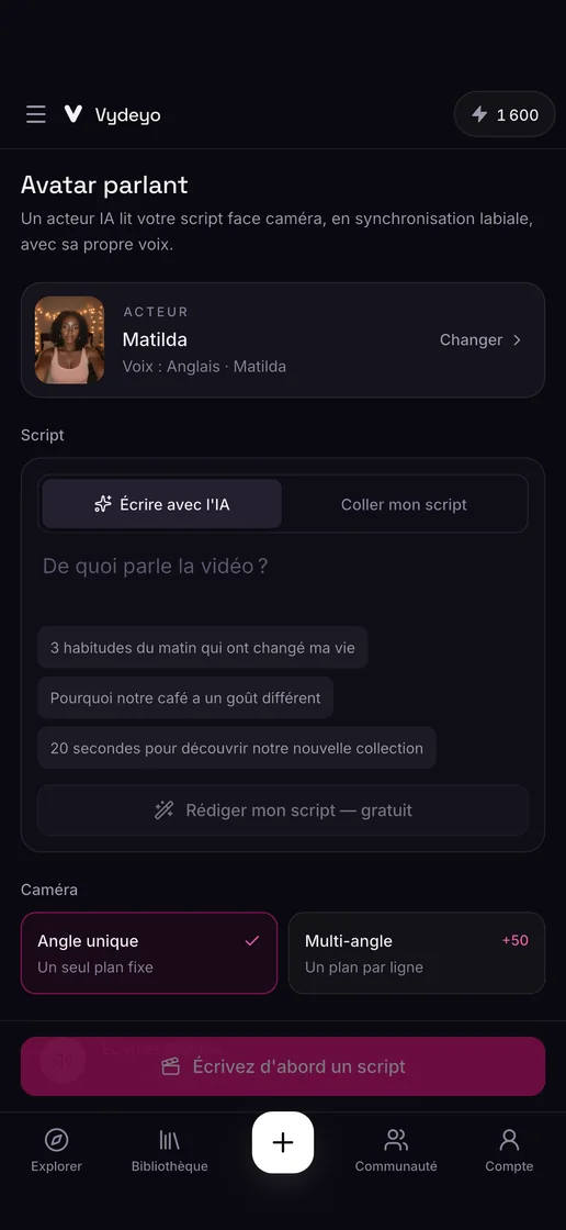 Un acteur IA qui dit un script dans l’app Vydeyo