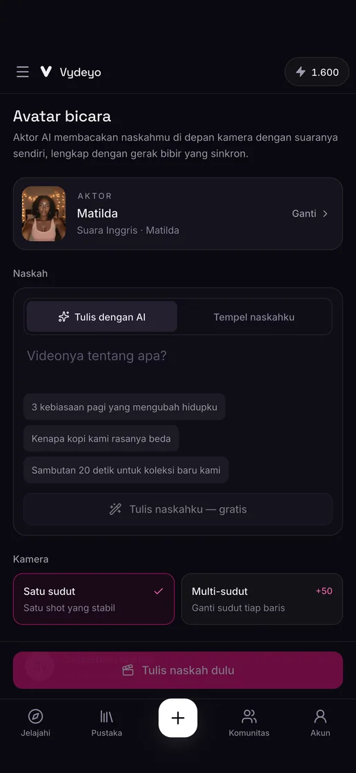 Aktor AI membawakan naskah di aplikasi Vydeyo