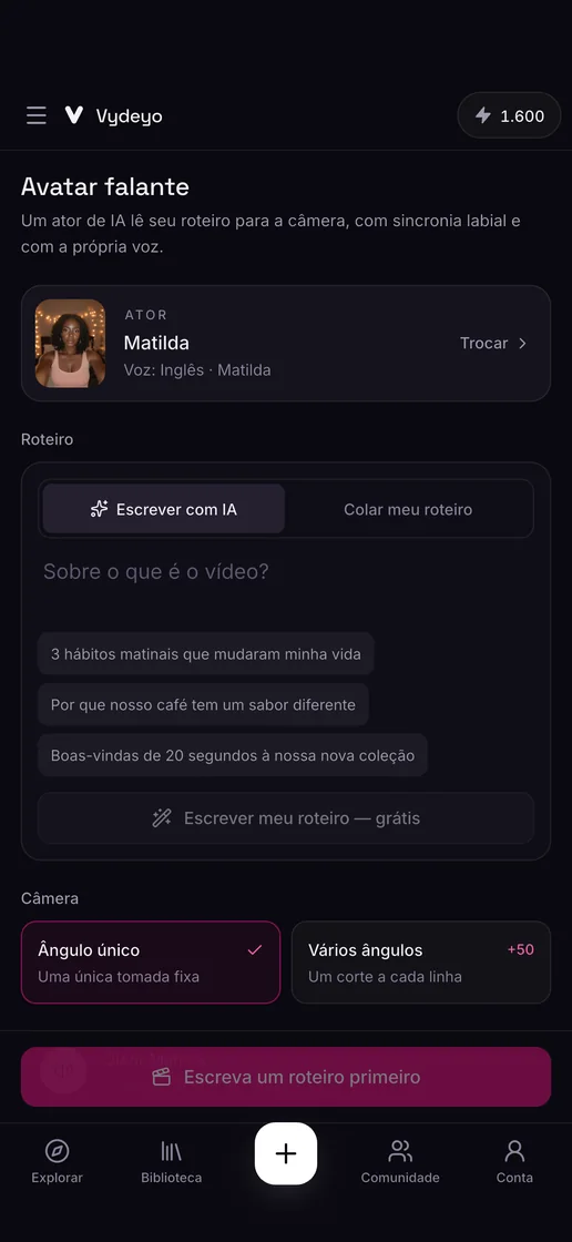 Um ator de IA falando um roteiro no app Vydeyo