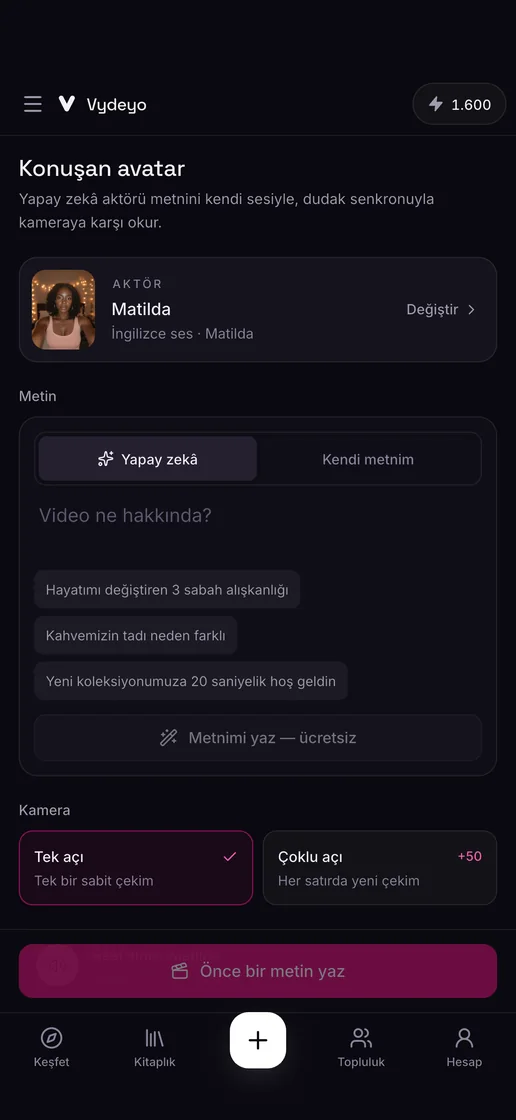 Vydeyo uygulamasında senaryoyu seslendiren yapay zekâ aktörü