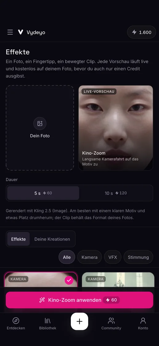 Videoeffekte mit einem Tipp in der Vydeyo-App