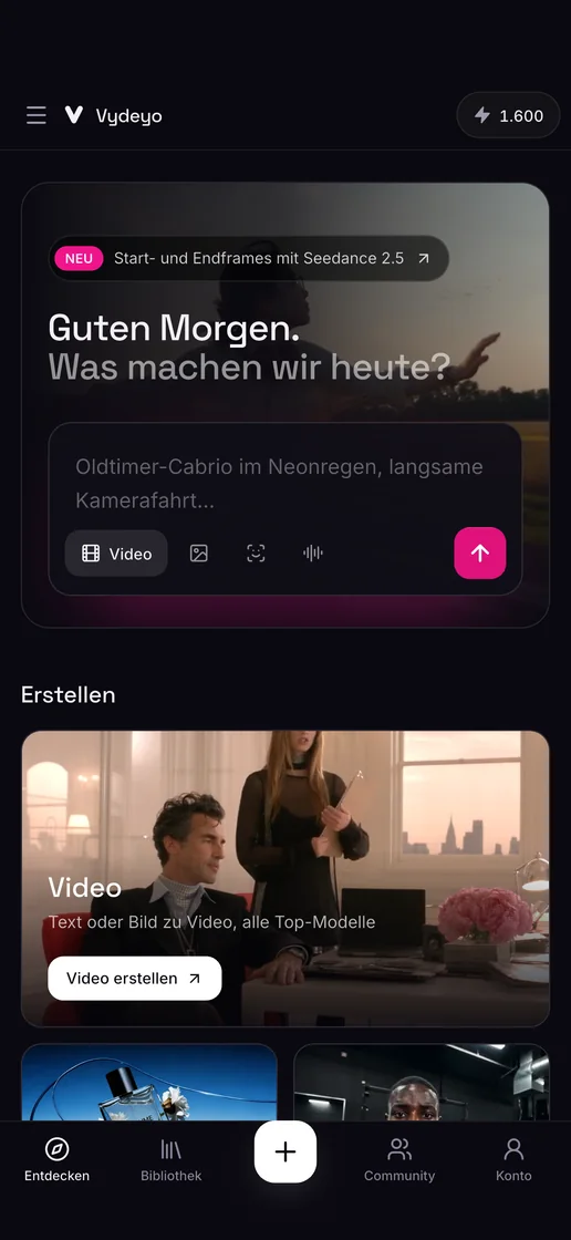 Die Entdecken-Startseite der Vydeyo-App