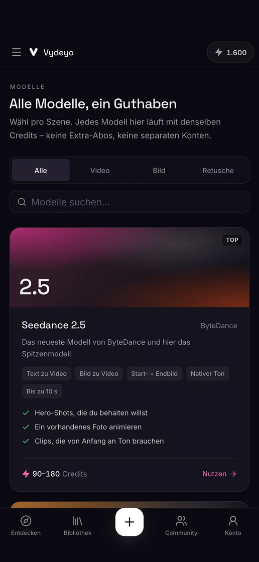 Alle KI-Modelle an einem Ort in der Vydeyo-App