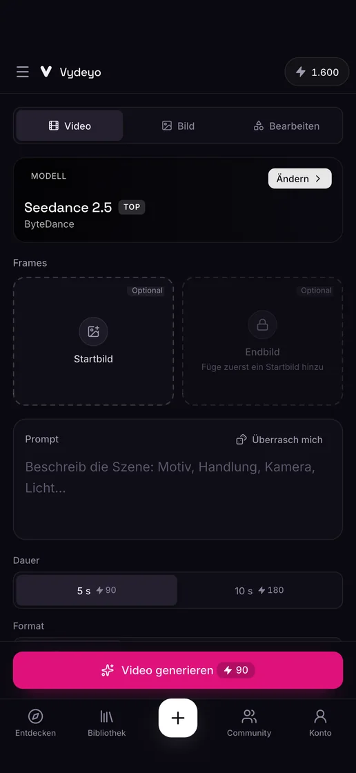 Ein Video aus einem Prompt erstellen in der Vydeyo-App