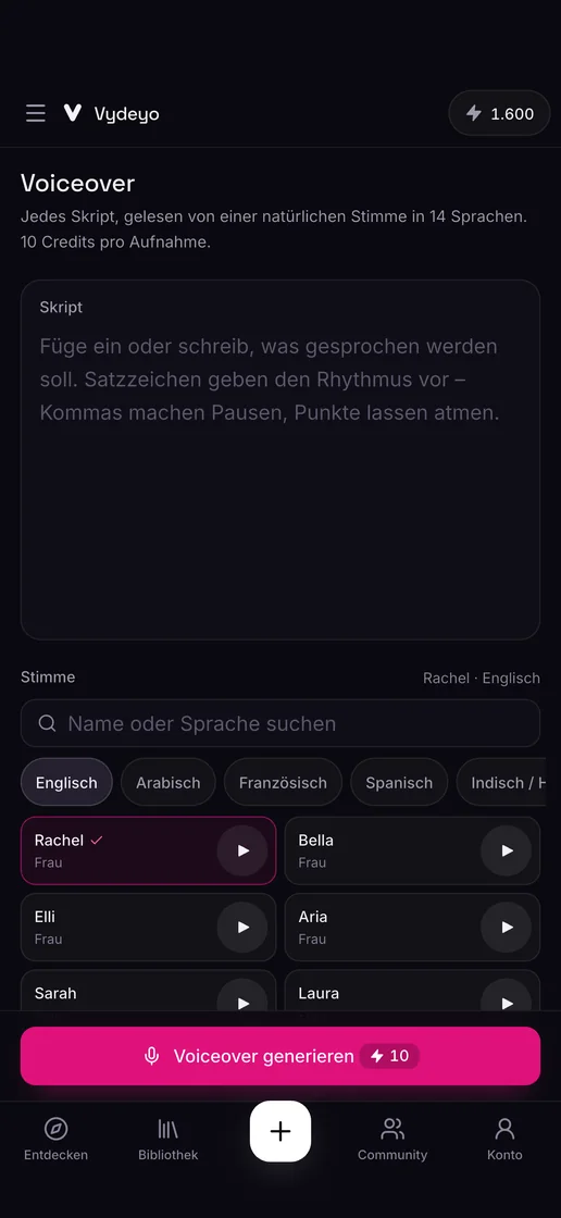 Ein Voiceover erzeugen in der Vydeyo-App