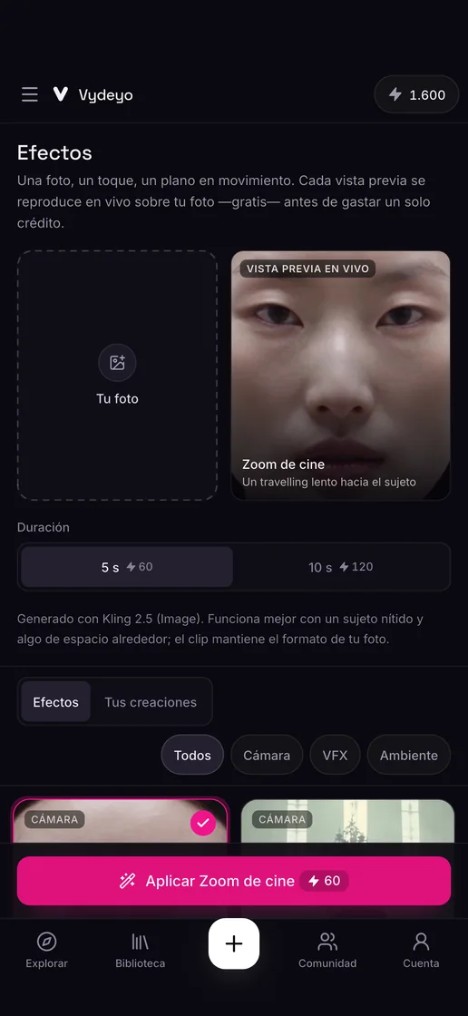 Efectos de video con un toque en la app Vydeyo