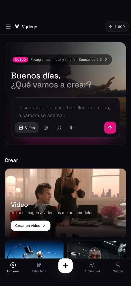 La pantalla Explorar de la app Vydeyo