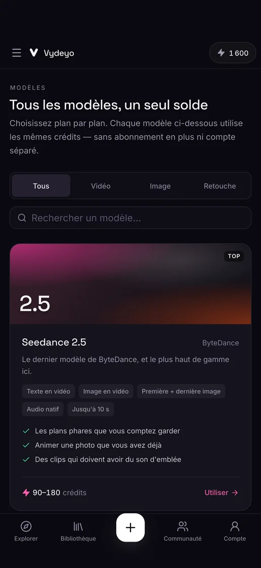 Tous les modèles IA au même endroit dans l’app Vydeyo