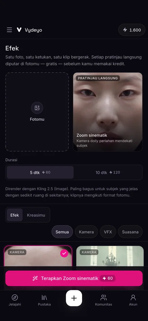 Efek video sekali ketuk di aplikasi Vydeyo