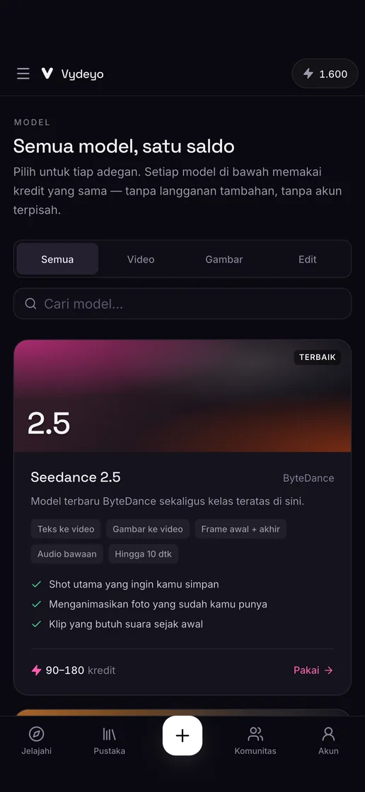 Semua model AI di satu tempat di aplikasi Vydeyo
