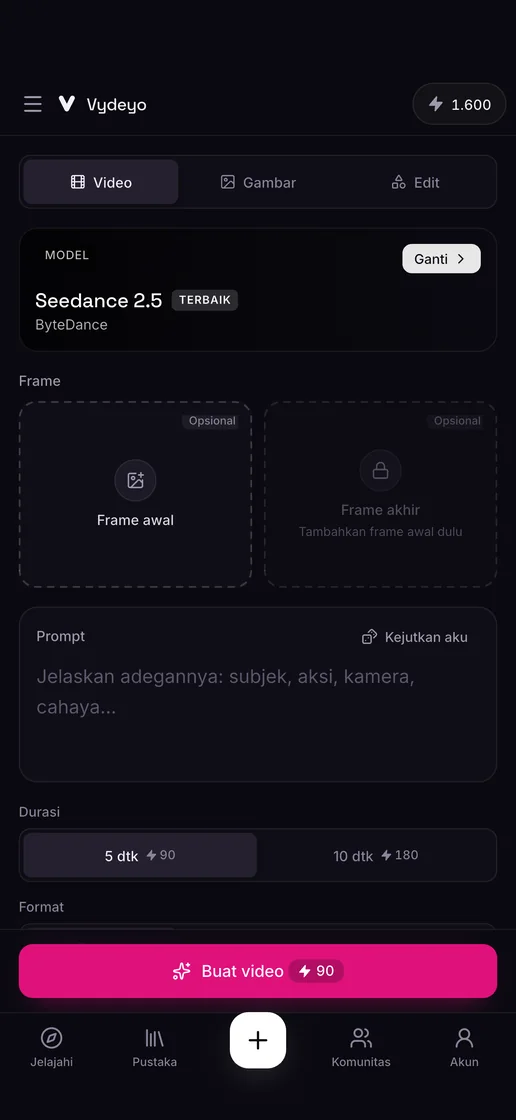 Membuat video dari prompt di aplikasi Vydeyo