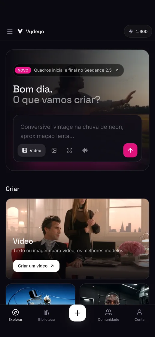 A tela Explorar do app Vydeyo