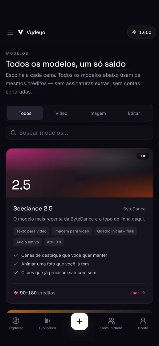 Todos os modelos de IA em um só lugar no app Vydeyo