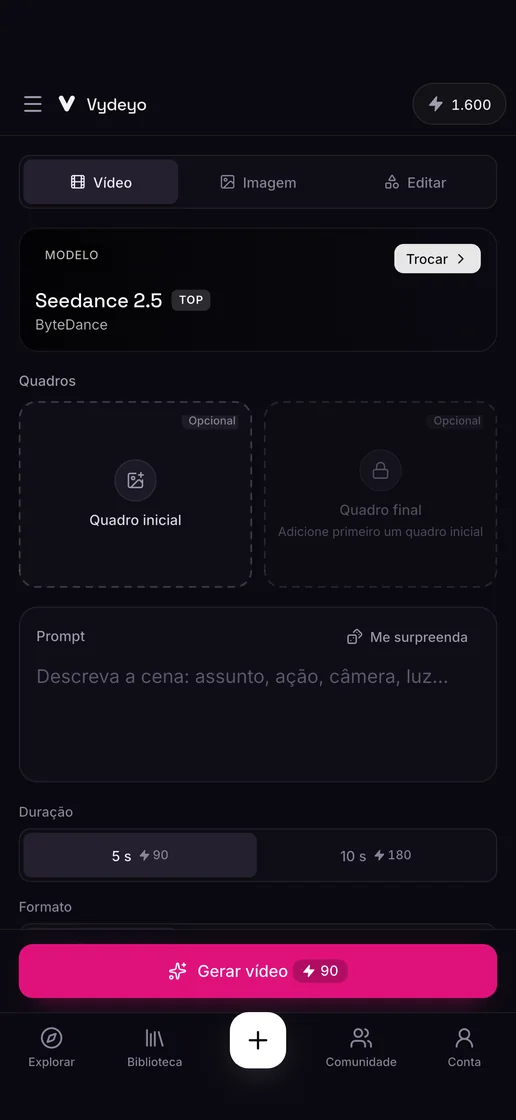 Criando um vídeo a partir de um prompt no app Vydeyo