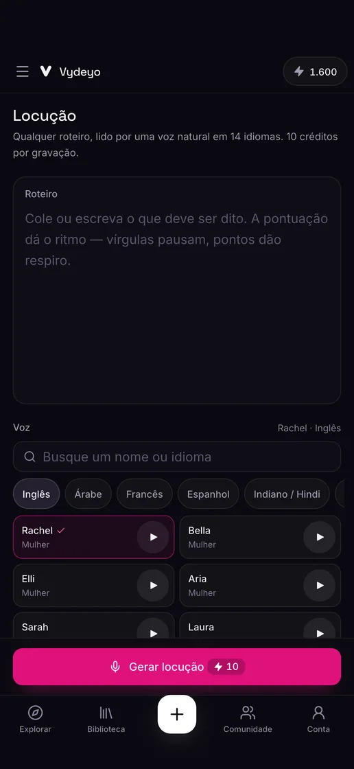 Gerando uma narração no app Vydeyo