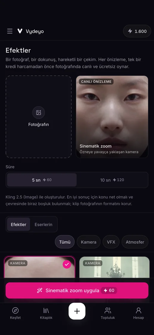 Vydeyo uygulamasında tek dokunuşla video efektleri