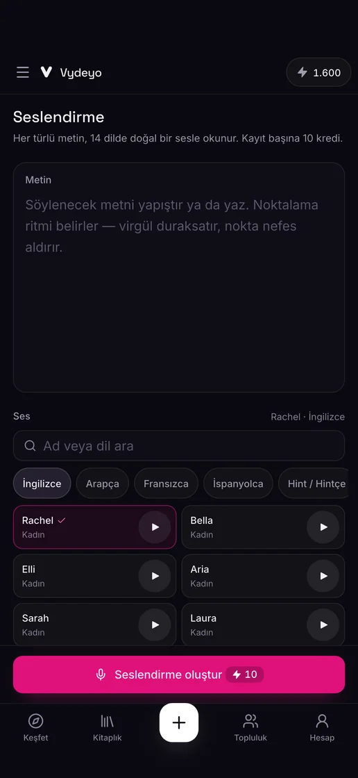 Vydeyo uygulamasında seslendirme oluşturma